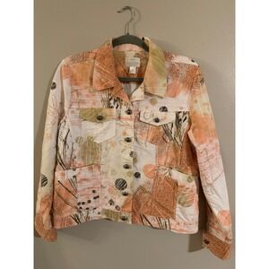 Christopher & Banks Womens Abstract Print Stretch Denim Jacket Orange Multi Med